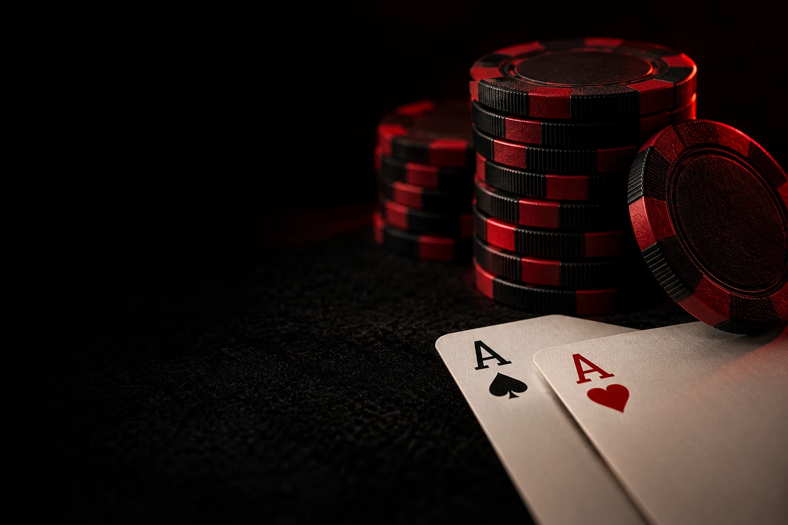 Black and crimson poker chips beside two aces on dark felt